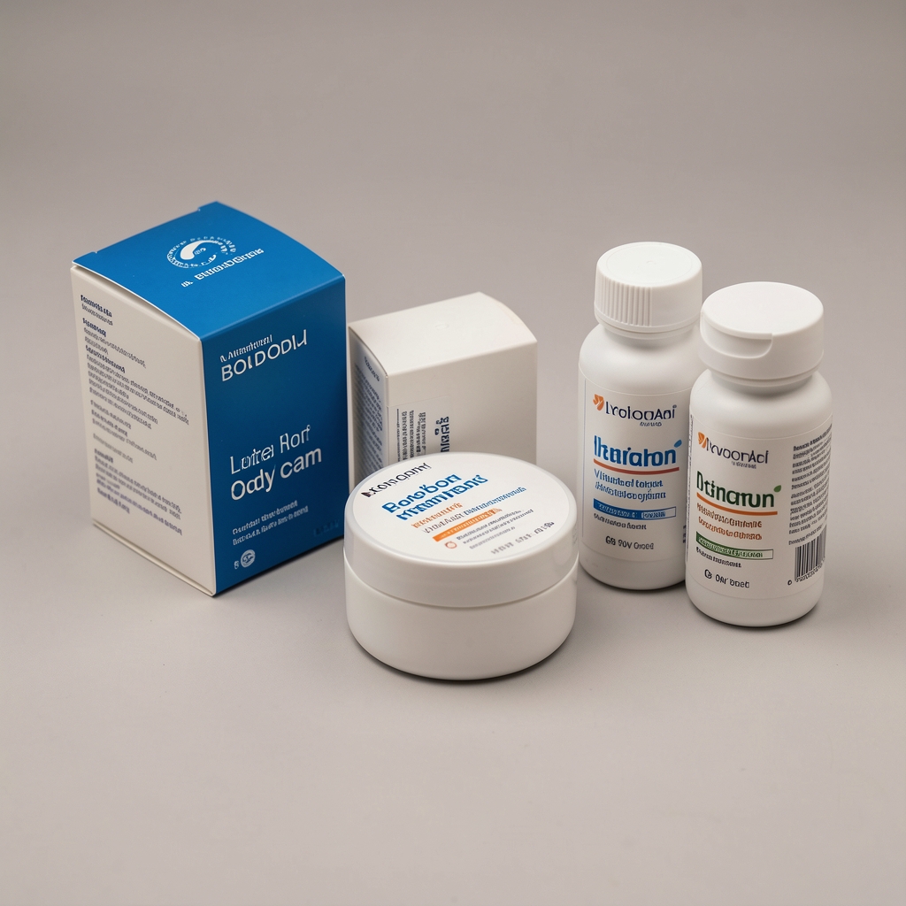 Close-up of body cream and vitamin supplement packaging laid out on a flat surface for review documentation in a London studio