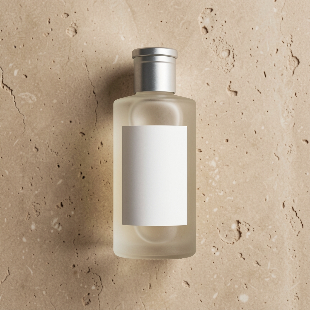 Body lotion bottle in frosted glass with minimal label on a neutral beige stone background, top-down editorial shot