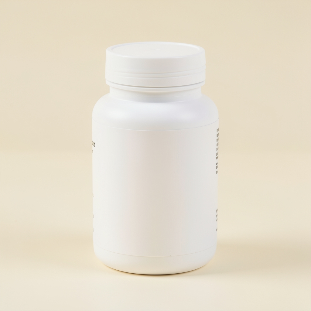 White supplement Capsule bottle on a clean cream-coloured surface with soft side lighting, product photography editorial style